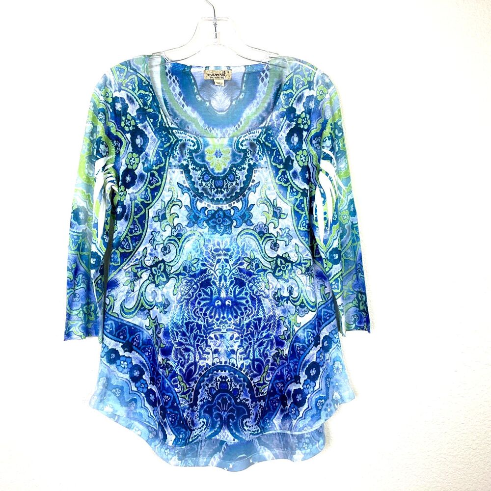 One World Women's Shirt Size S Green Blue Small Sequins Boho Art Geometric